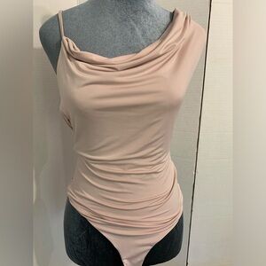 Le Lis Draped Silky Bodysuit Size Medium One Shoulder Dusty Beige
